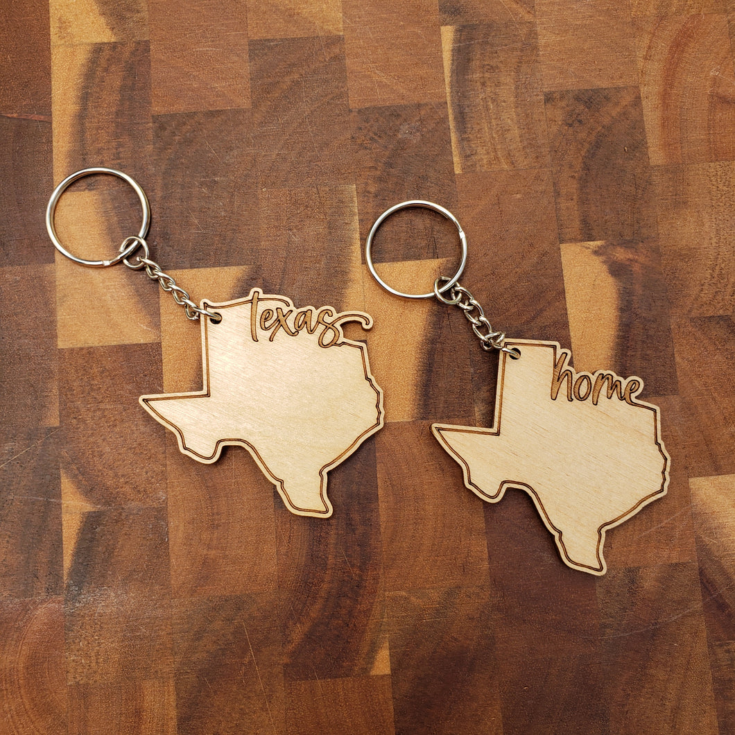 Texas Shaped Wooden Keychain - Laser Cut & Engraved