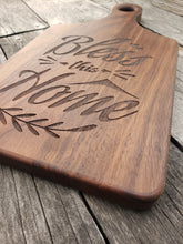 Load image into Gallery viewer, Bless this Home 13 1/2&quot; x 7&quot; Walnut Paddle Shape Cutting Board
