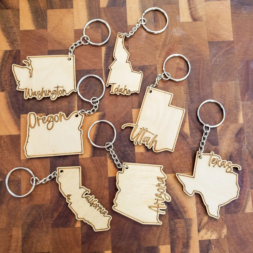 Home State Shaped Wooden Keychain - Laser Cut & Engraved