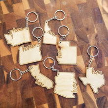 Load image into Gallery viewer, Home State Shaped Wooden Keychain - Laser Cut &amp; Engraved
