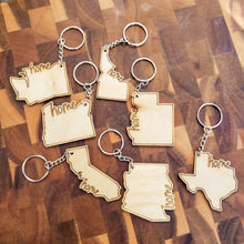 Load image into Gallery viewer, State Shaped Wooden Keychain - Laser Cut &amp; Engraved
